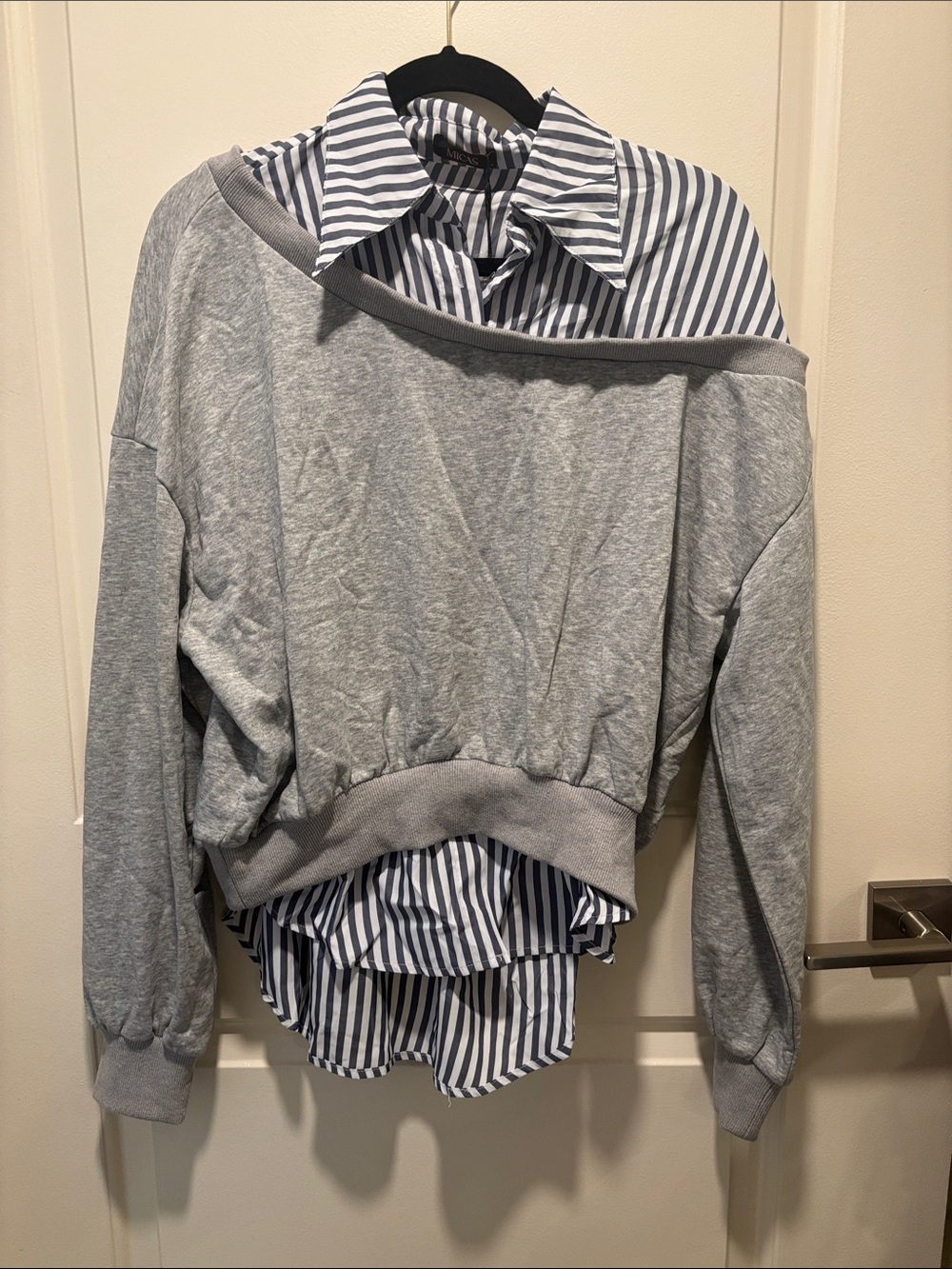 Layered Grey Sweatshirt with Striped Shirt Detail - Women